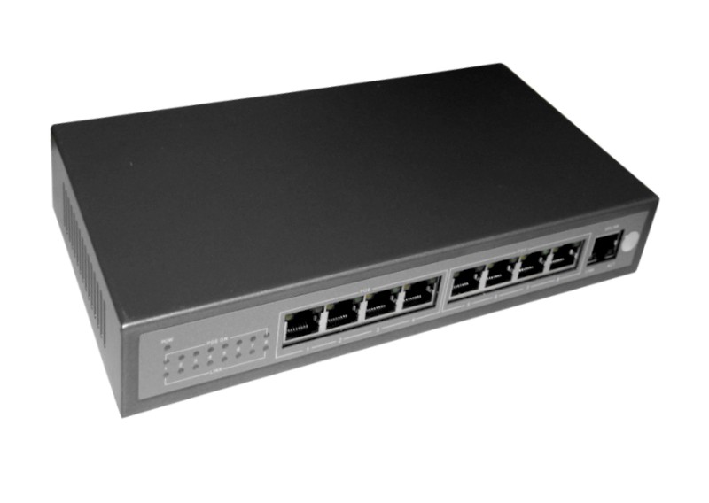 NS10829P PoE, коммутатор, настольный, 9 портовый, 8 PoE 802.3af 100Mbit портов, 15.4W, 1 Uplink 1Gbit порт, кабель питания ЕВРО, серый